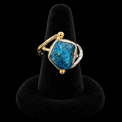 blue agate ring set in sterling silver with brass accents, size 7 